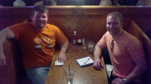 Arin Sime and Matt Makai having dinner at the Virginian in Charlottesville as he starts his Coding Across America journey