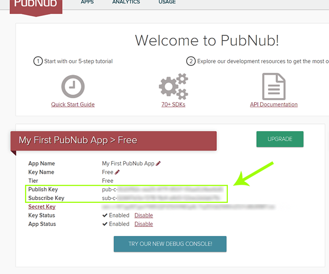 Publish and Subscribe keys in an existing PubNub account