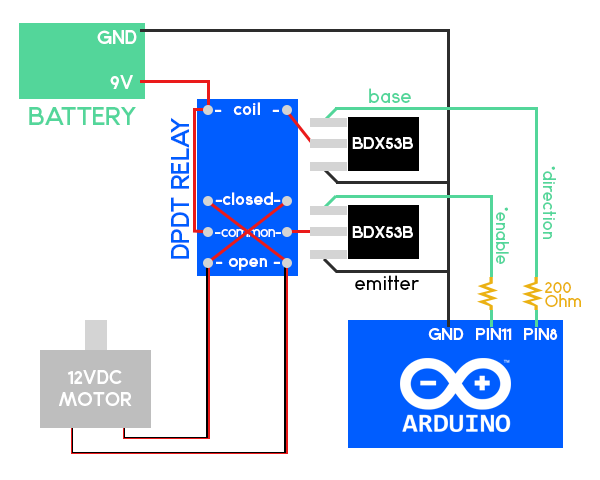 Schema for a build of a DC Motor speed and direction controller using an Arduino and a relay