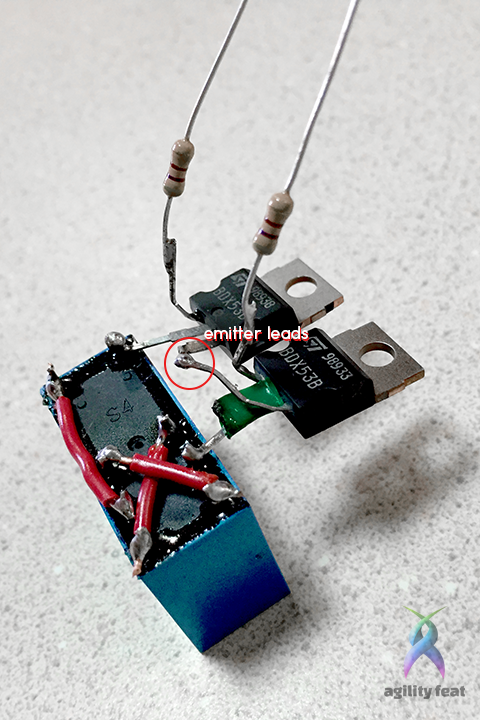 Picture showing how to hook up emitter leads from transistors on DPDT relay switch