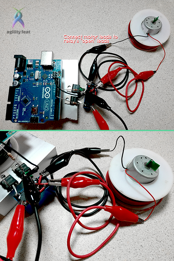 Picture showing how to connect DC motor to reversible relay switch and Arduino