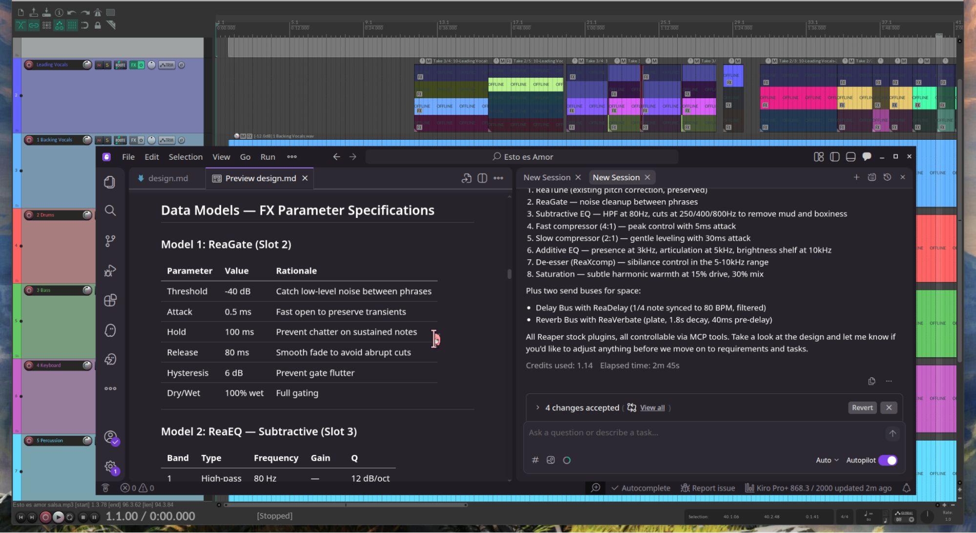Kiro creating a design document detailing the proposed processing for vocals track which can be reviewed by the producer.