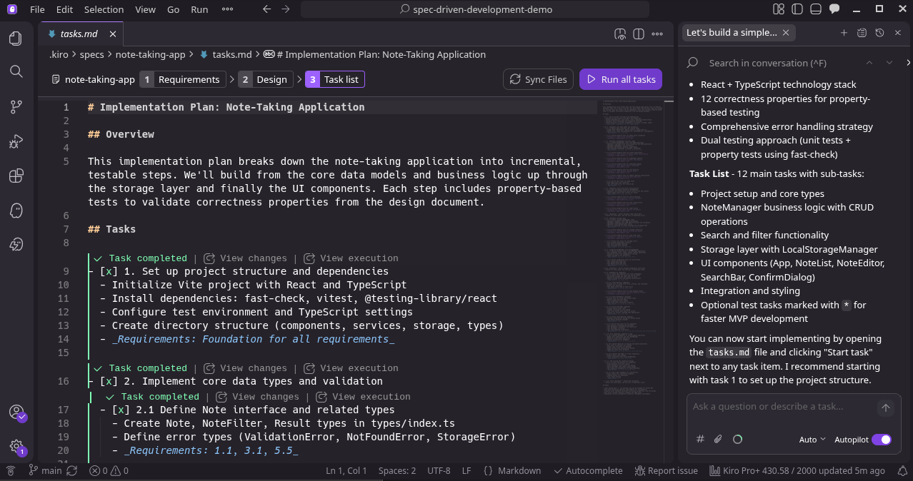 Kiro IDE window showing the task.md document with some tasks already completed.