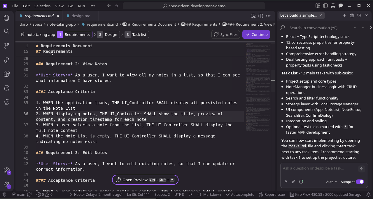Kiro IDE window showing the requirements.md file and chat panel