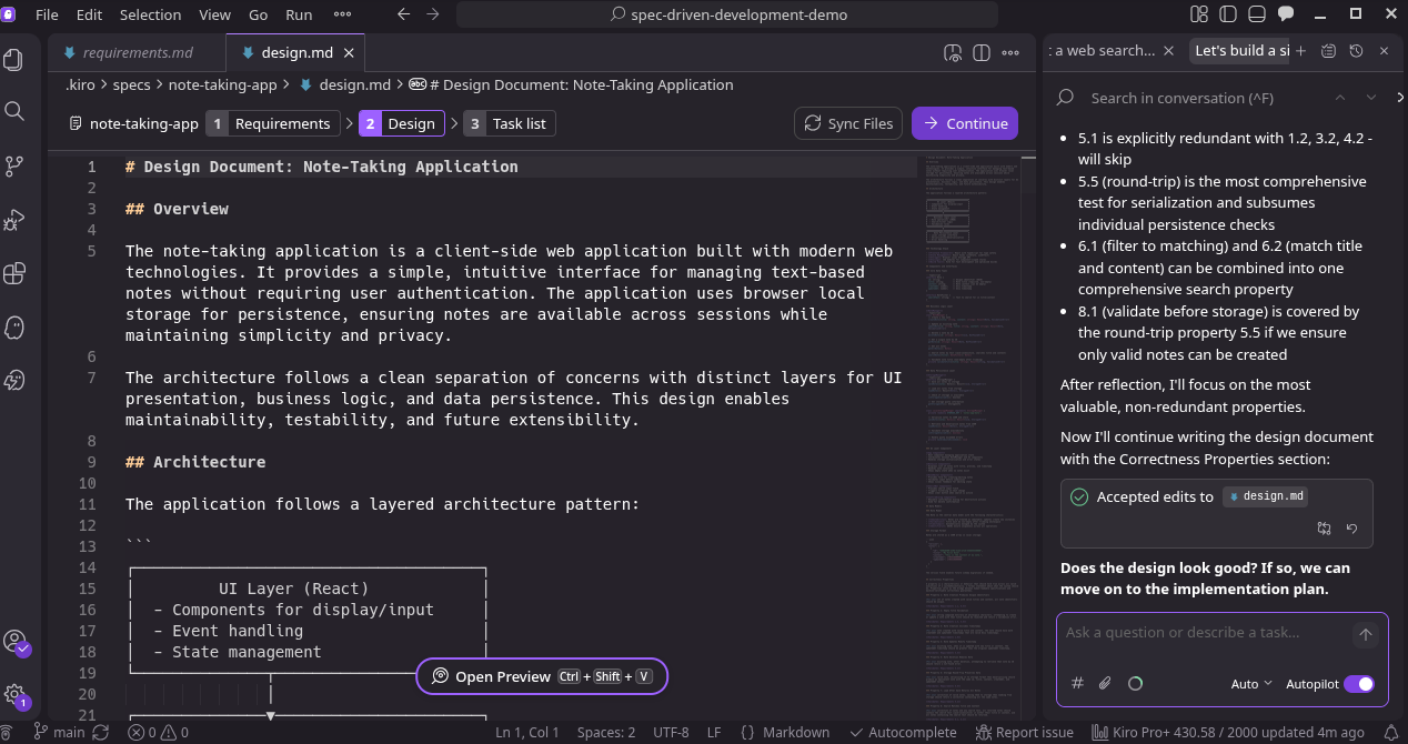 Kiro IDE window showing the design.md document and the chat panel.