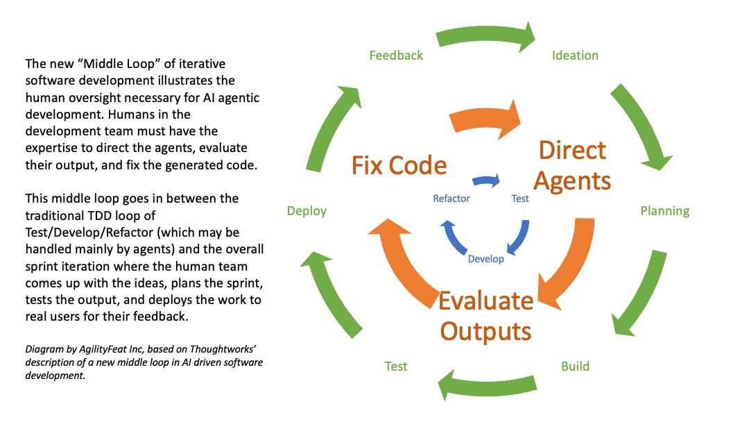 Diagram by AgilityFeat base don Thoughtworks' description of a new "middle loop" in AI-driven software development. 